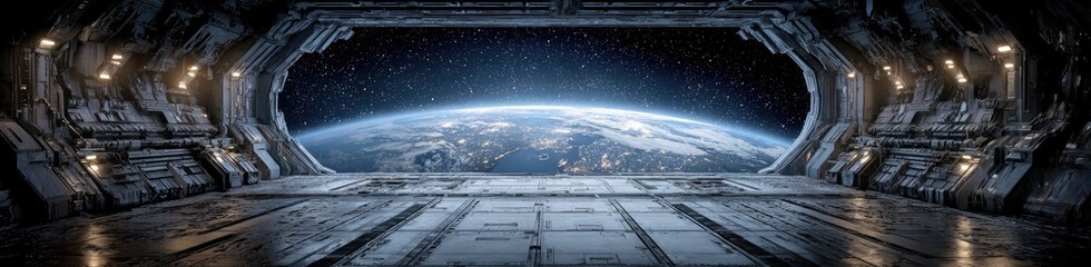 Futuristic spaceship hangar with Earth view (1)