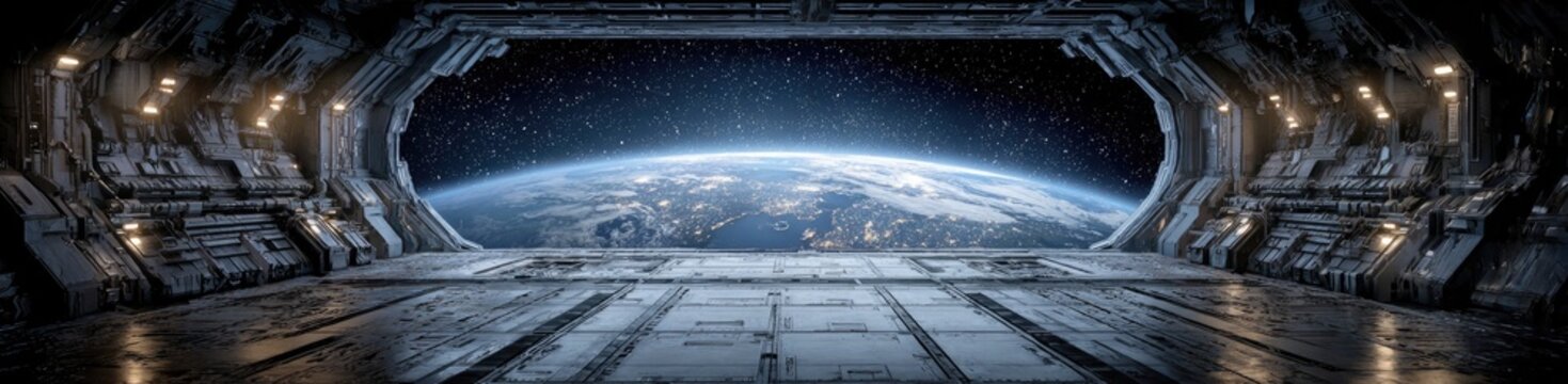 Futuristic spaceship hangar with Earth view (1)