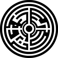 Minimalist black and white labyrinth icon, clean lines and modern style, perfect for puzzle logos, stickers, or scalable digital use.