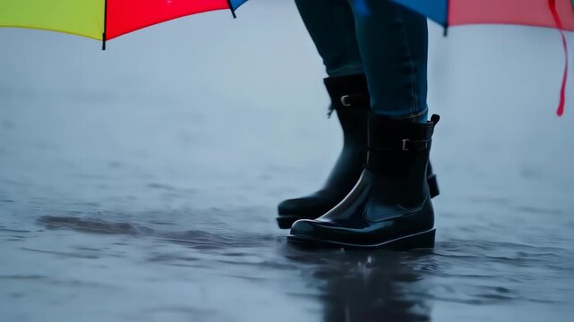Close-up of a person's legs in jeans and black rain boots walking through shallow puddles under a multicolored umbrella on a gloomy day.  The boots are shiny and the water reflects the overcast sky