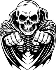 Fototapeta premium SVG tattoo of a street-style skeleton for Halloween. Grinning Skeleton in Cloak with Outstretched Hands and Menacing Stare