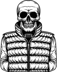 SVG tattoo of a street-style skeleton for Halloween. Skull Illustration in Padded Vest Design for Unique Apparel