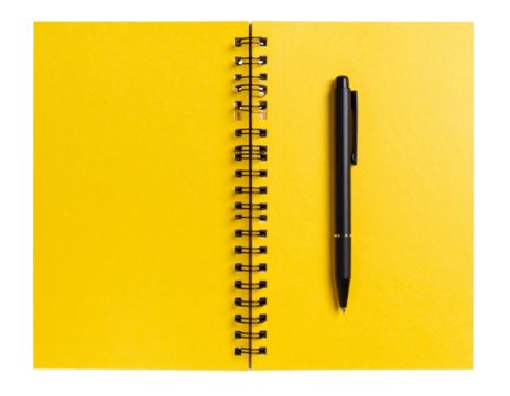 Yellow Spiral Notepad with Black Pen Placed Diagonally, Top-Down View, isolated on transparent background