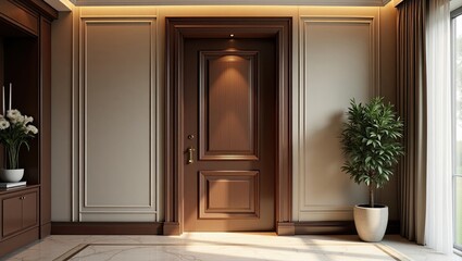 Elegant interior entrance with rich wooden details.