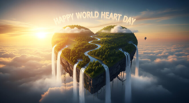 Heart-shaped island paradise floating amidst clouds, waterfalls cascading, celebrating World Heart Day.