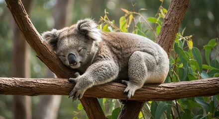 Fototapeta premium Young Koala Sleeping on Tree Branch in Natural Forest Setting