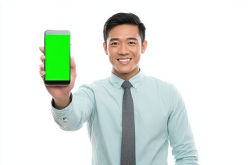Image of a young Asian businessman holding a smartphone with a green screen against a white backdrop