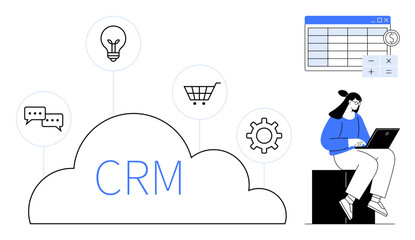 Cloud labeled CRM connects icons for chat, ideas, shopping, and settings. User works on a laptop, spreadsheet with calculator displayed. Ideal for business tools, CRM, data management SaaS