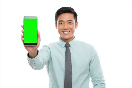 Image of a young Asian businessman holding a smartphone with a green screen against a white backdrop