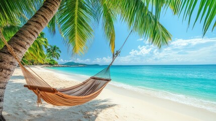 Fototapeta premium Tropical beach hammock, relaxing vacation, white sand