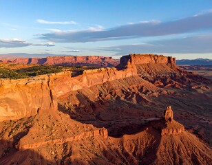 Panoramic vista of the expansive red rock desert landscape at sunrise