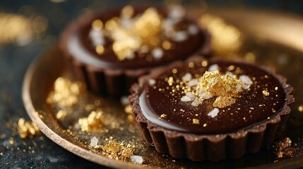 Two chocolate tartlets, topped with edible gold flakes and sea salt, sit on a bronze plate
