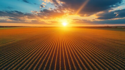 Aerial view of a golden cornfield at sunset