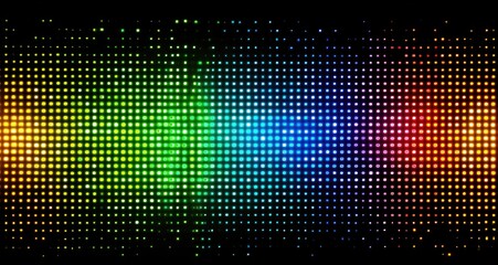 Colorful, pixelated, light display on a dark background