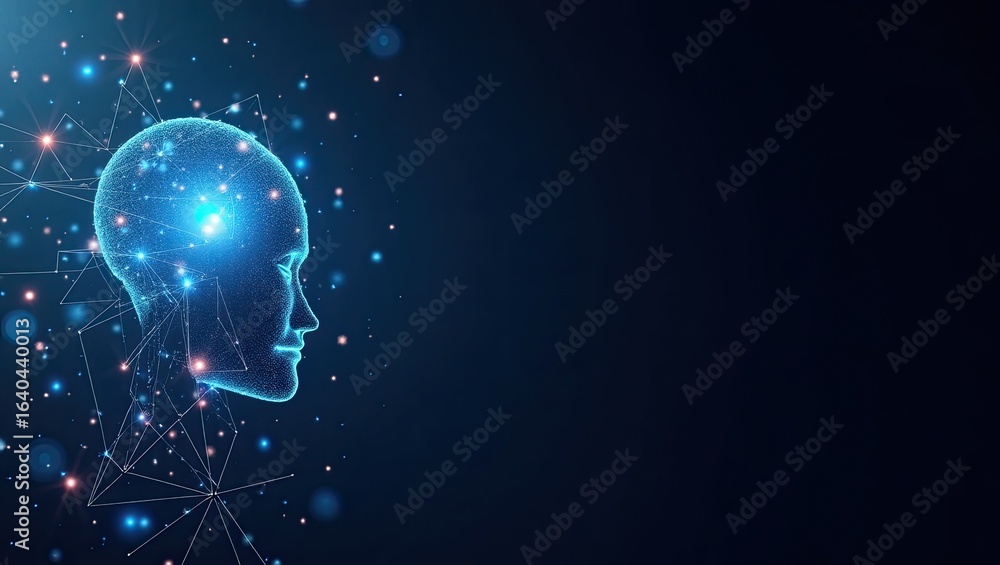 Poster digital illustration of a human head with a network of lines and points.