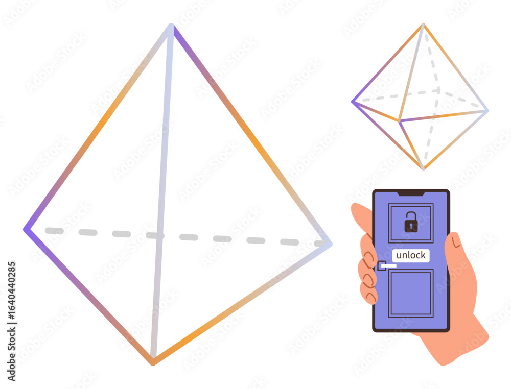Aufkleber transparent geometric pyramid split by dashed line, paired with smartphone showing unlock mechanism.