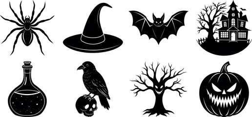 set of halloween element silhouette collection. Black and white vector. pmpkin, ghost, cat, horror house, witch, owl, raven bird, spider, witch hat