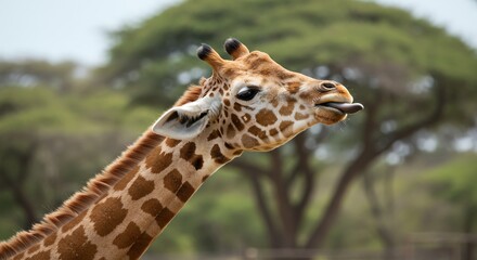 Obraz premium Young Giraffe with Tongue Out Standing in Natural Safari Environment
