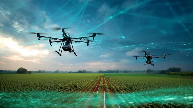 Drones monitor agricultural fields under a cloudy sky, enhancing precision farming and crop management strategies