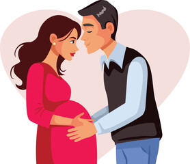 Happy Couple Enjoying Pregnancy Awaiting Baby Birth Vector Illustration. Cheerful family expecting new kid feeling happiness and bonding 
