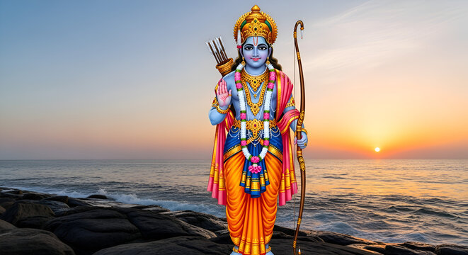 Happy ram navmi. illustration of Indian hindu Lord Rama with arrow and bow.