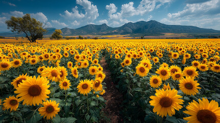 Obraz premium Vibrant Yellow Sunflower Field Under a Sunny Sky 