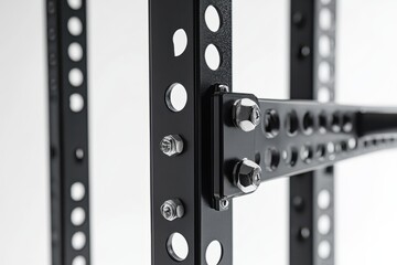 Close up of a black steel power rack with pull up bar isolated on white background
