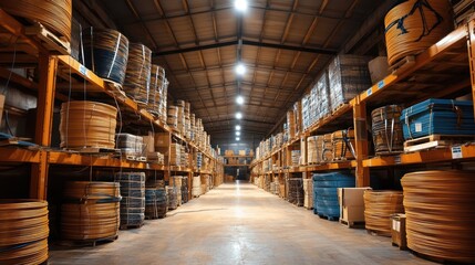 Fototapeta premium Warehouse interior with stacked goods, bright lighting, spacious aisle. Stock photo for business/industrial use
