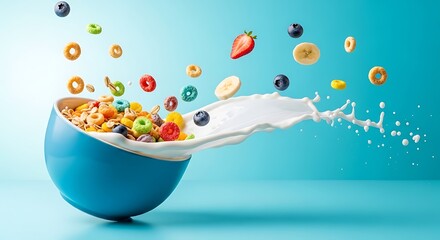 Delicious and colorful breakfast cereal with milk splash and fresh fruit in a vibrant blue bowl perfect for a healthy morning start