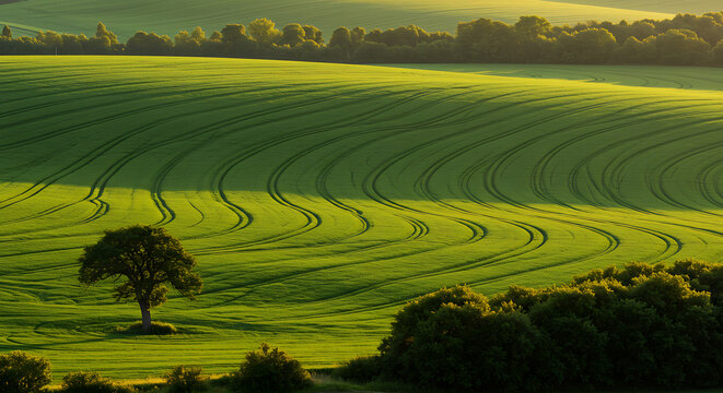 Tranquil Green Rolling Hills Landscape with lone Tree and Curved Grass Fields