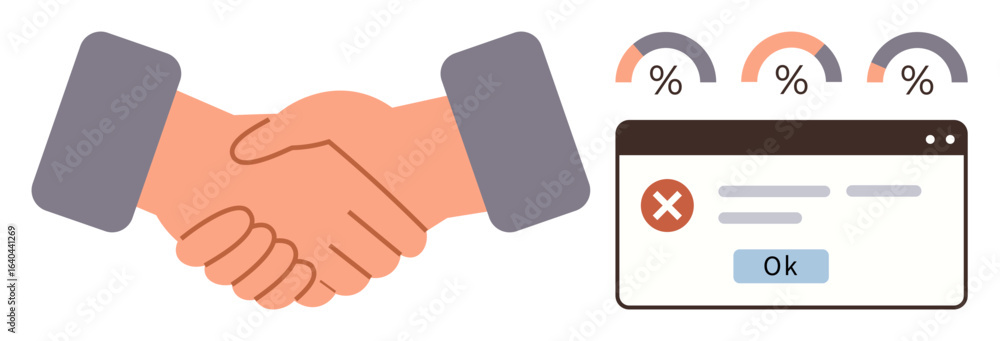 Poster two hands clasped in handshake near web notification with error message and percentage gauges. ideal