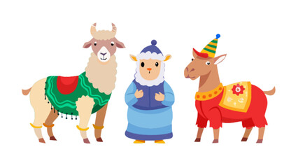 Cartoon llamas and sheep vector illustration for kids design and animal character design projects one hundred