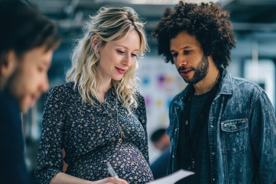 Elegant expectant entrepreneur collaborating with colleagues in a creative workspace reviewing market trends and effective advertising strategies - Powered by Adobe
