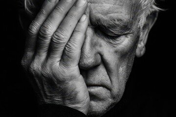 Elderly man hiding face with hand suffering from headache