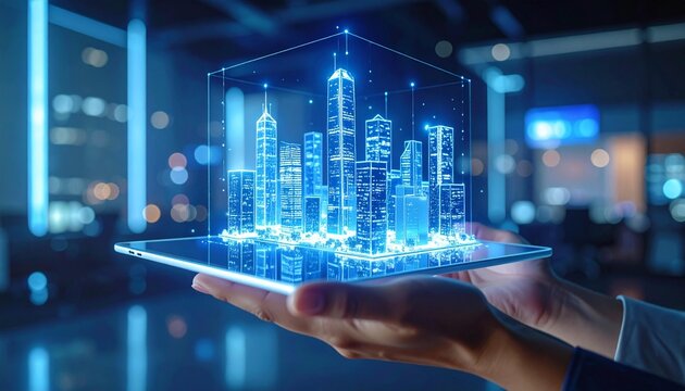 Smart city concepts and innovative future technologies. A hologram of a modern building emanating from a digital tablet in hand, demonstrating the integration of  - Powered by Adobe
