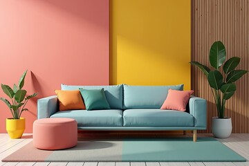 Colorful living room interior design with a light teal sofa.