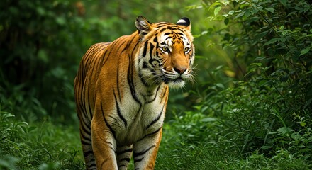 Obraz premium Majestic Tiger Walking Through Lush Green Jungle with Bright Orange Fur and Black Stripes
