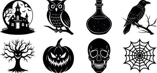 Set of halloween silhouettes black icon and character. witch, creepy and spooky elements for halloween decorations, sticker. Vectors on isolated background.