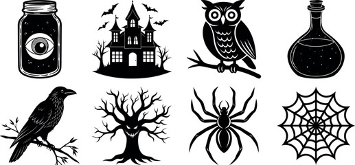 Set of halloween silhouettes black icon and character. witch, creepy and spooky elements for halloween decorations, sticker. Vectors on isolated background.