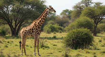 Obraz premium Young Giraffe Standing in Savanna with Green Trees and Bushes in Bright Daylight