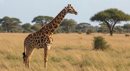 Obraz premium Giraffe Standing in African Savanna Landscape with Tall Grass and Sparse Trees