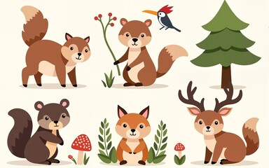 Wild forest animals. Bear, squirrel and deer, beaver and hare, woodpecker and mushrooms, fir tree and birch, berries. Cute baby woodland animal vector set. High quality