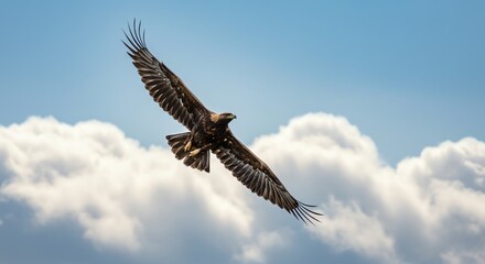 Fototapeta premium Majestic Bird of Prey Soaring in Bright Blue Sky with Fluffy Clouds