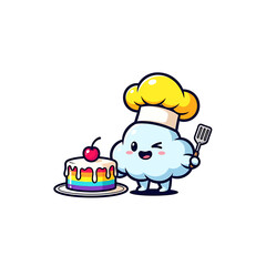 Naklejka premium Cartoon cloud chef with rainbow cake and cherry, holding a spatula