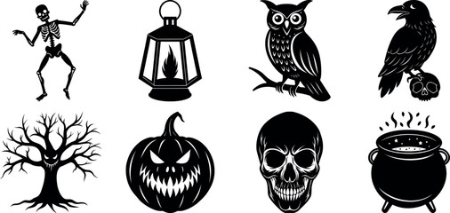Set of halloween silhouettes black icon and character. witch, creepy and spooky elements for halloween decorations, sticker. Vectors on isolated background.