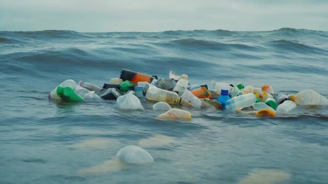 A large pile of plastic waste and garbage floating in the ocean. Concept of environmental pollution and ecological disaster.