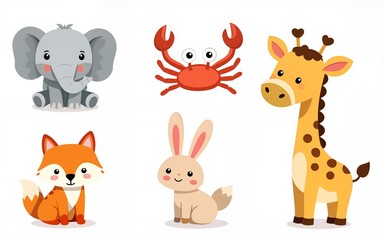 Naklejka premium Big set isolated animals. Vector collection funny animals. Cute animals: forest, farm, domestic, polar in cartoon style. Giraffe, elephant, crab, rabbit, fox. High quality