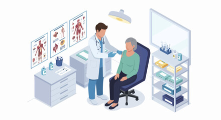 Doctor Administering Injection to Patient in Isometric Medical Examination Room.