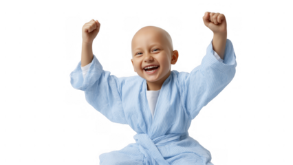 Young boy with bald head joyfully shows enthusiasm, created with AI, PNG