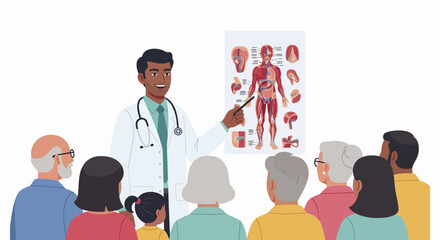 Doctor Explaining Human Anatomy to a Group of Diverse People with Pointer.